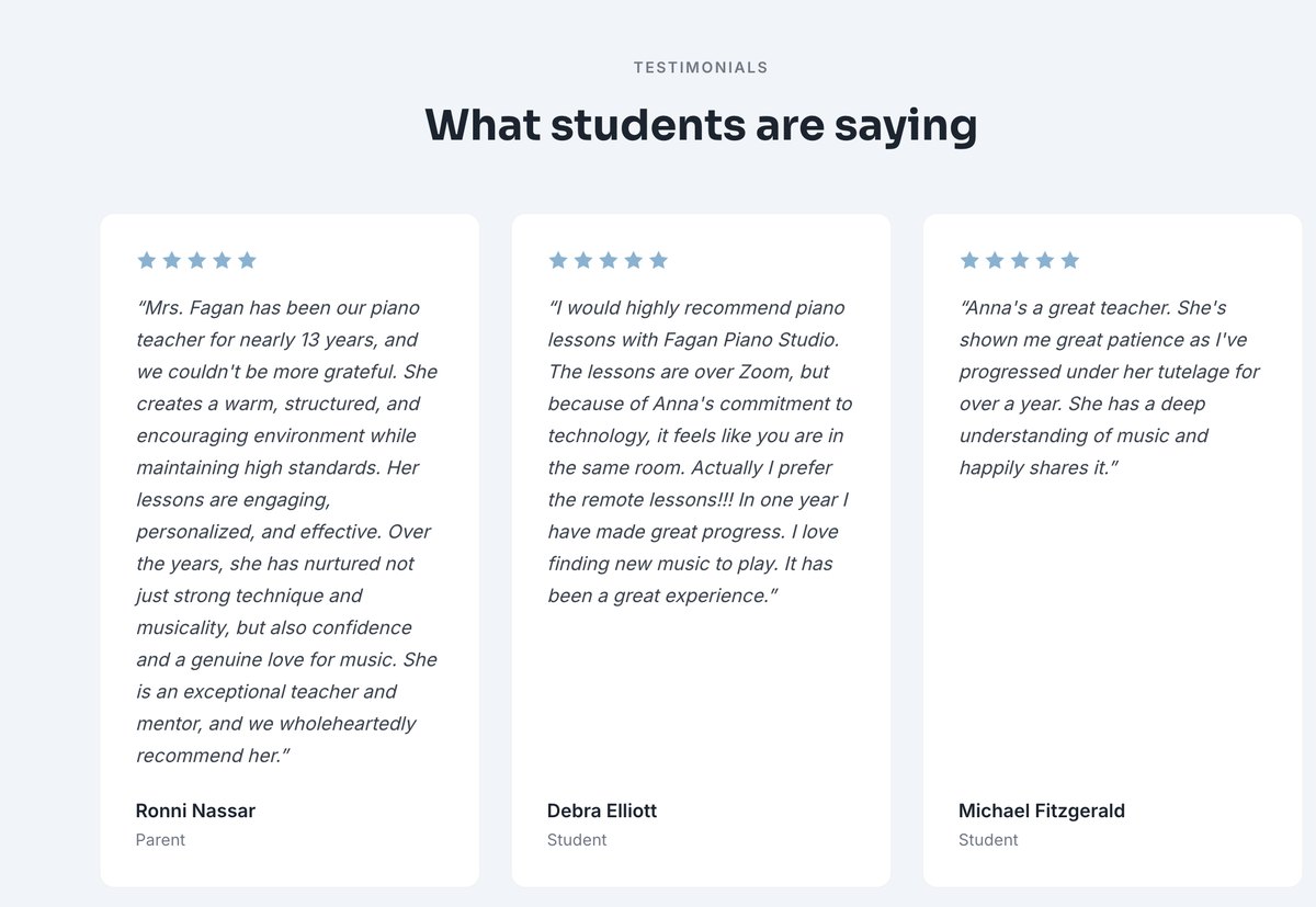 Five-star student reviews shown on a teacher website